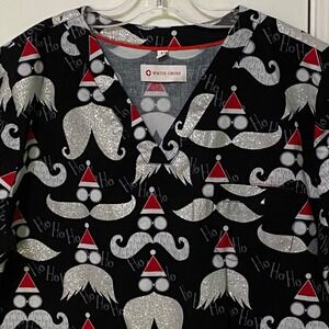 White Cross Santa Scrub Top M Black Sparkly Christmas Novelty Print V-neck